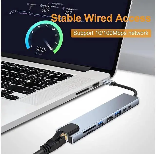 Alt view image 2 of 7 - 8-in-1 USB C Multiport Hub Adapter with 4K HDMI, Gigabit RJ45 Ethernet, USB-C PD Charging, USB3.0, USB2.0, SD TF Card Reader and USB-C Data Port for All Type-C Laptops