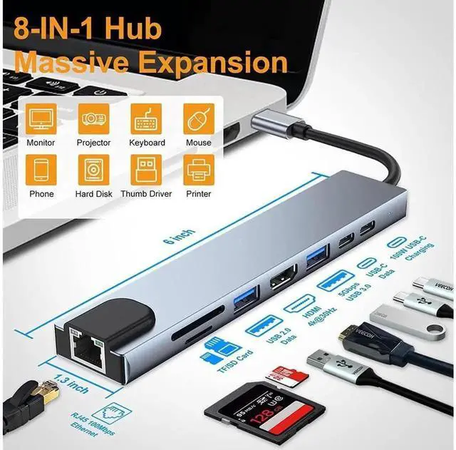 Alt view image 6 of 7 - 8-in-1 USB C Multiport Hub Adapter with 4K HDMI, Gigabit RJ45 Ethernet, USB-C PD Charging, USB3.0, USB2.0, SD TF Card Reader and USB-C Data Port for All Type-C Laptops