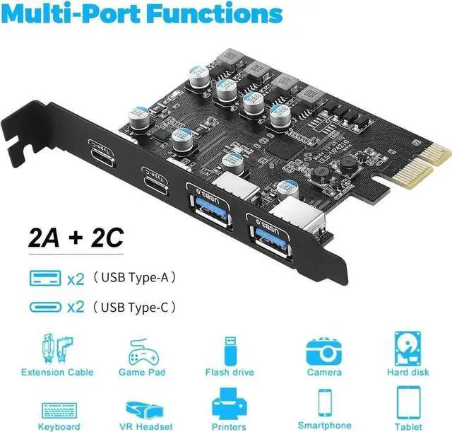 Alt view image 4 of 7 - PCI-E to USB 3.2 Gen 1 Expansion Card with 4 Ports (2 USB-C + 2 USB-A), PCI Express USB 3.0 Add-On Adapter Card for Desktop PC Motherboard Internal Upgrade