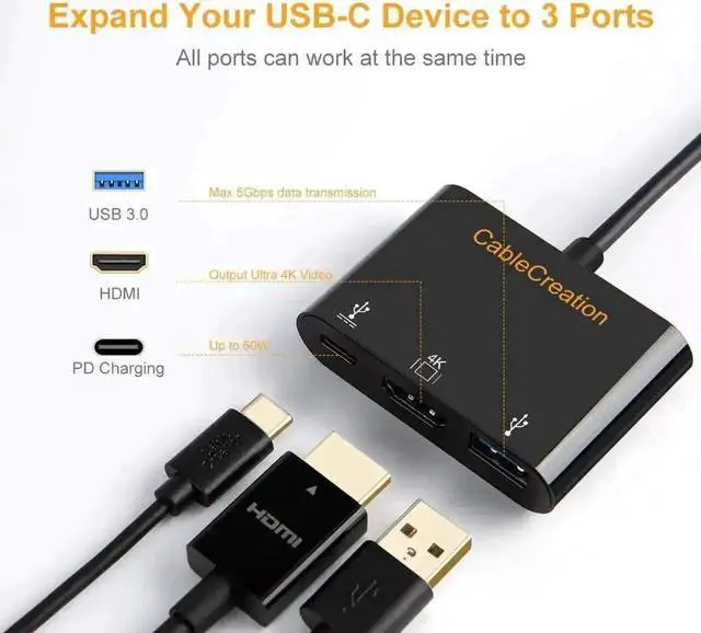 Alt view image 3 of 7 - CableCreation 3-in-1 USB-C Multiport Hub with 4K HDMI, USB 3.0 and 60W PD Pass-Through Charging, Thunderbolt 3 Compatible Adapter for MacBook Pro 2017-2019, Dell XPS 13/15, Surface Book 2, Galaxy Note