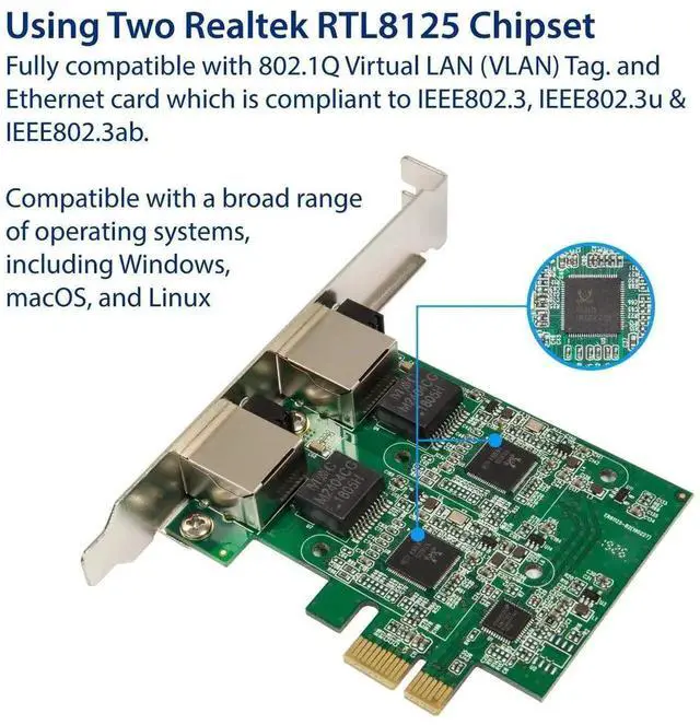 Alt view image 2 of 6 - SD-PEX24066 Dual 2.5G PCIe x1 Ethernet Network Card, Dual RJ45 2500Mbps LAN Adapter with RTL8125 Chip, Includes Low Profile Bracket for PC Server NAS Workstation Network Expansion