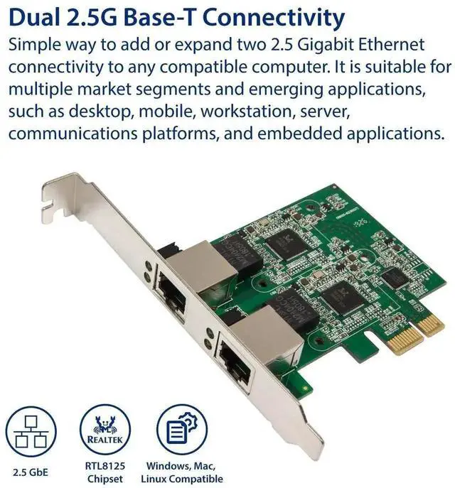 Alt view image 5 of 6 - SD-PEX24066 Dual 2.5G PCIe x1 Ethernet Network Card, Dual RJ45 2500Mbps LAN Adapter with RTL8125 Chip, Includes Low Profile Bracket for PC Server NAS Workstation Network Expansion