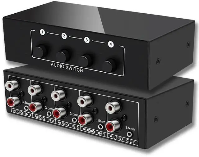 Main image of 4 in 1 Out Bi-Directional Analog Stereo Audio Switcher, 3.5mm AUX & RCA L/R A/B Audio Selector Box, Supports Bidirectional Signal Switch for Speakers Amplifiers MP3 Phone Laptop TV Sound System