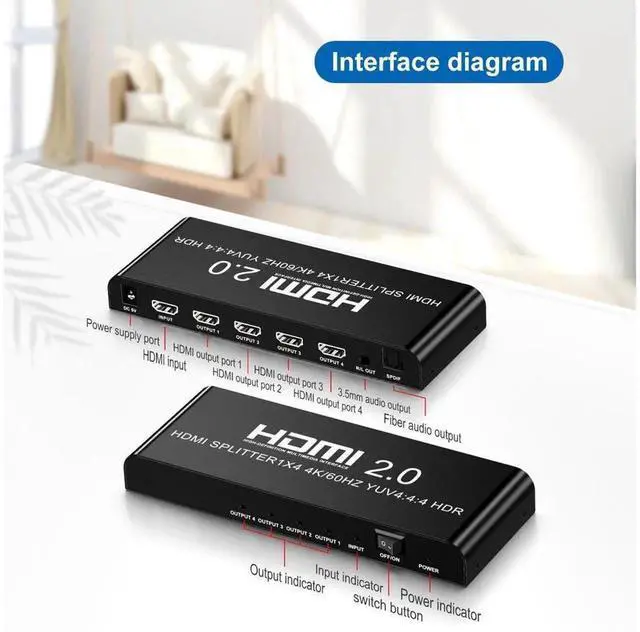 Alt view image 3 of 7 - eokCXOY 1x4 HDMI 2.0 Splitter 4K@60Hz, 1 Input to 4 Output Simultaneous Duplicate Display, with 3.5mm Jack & Optical SPDIF Toslink Audio Extractor, DC Power Adapter Included for HDTV Blu-ray PS3 PS4 X