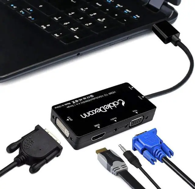 Main image of 4-in-1 Multiport HDMI Converter Adapter Cable Black, HDMI Input to HDMI DVI VGA Three Video Outputs with 3.5mm Audio Jack, Simultaneous or Separate Display for Laptop PC Game Consoles Projector HDTV M
