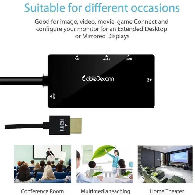 Alt view image 5 of 7 - 4-in-1 Multiport HDMI Converter Adapter Cable Black, HDMI Input to HDMI DVI VGA Three Video Outputs with 3.5mm Audio Jack, Simultaneous or Separate Display for Laptop PC Game Consoles Projector HDTV M