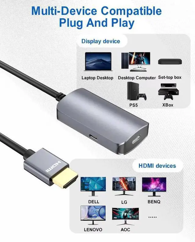 Alt view image 4 of 7 - 4K 60Hz HDMI to USB-C Female Video Capture Adapter, HDMI Type-C Audio Video Converter with 5V Power Supply, Portable HDMI Input to USB C Output Recording Cable for Laptop Phone Live Streaming