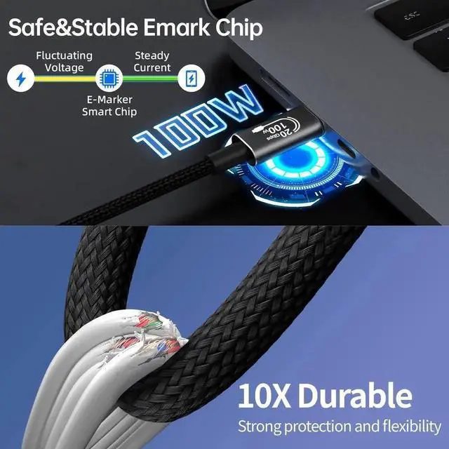 Alt view image 4 of 7 - 16.4FT Extra Long USB-C to USB-C Cable, USB 3.2 Gen 2 20Gbps Data Transfer Speed, 100W 20V/5A Fast Charging Cord, Supports 4K@60Hz Video Audio Output for Laptops Phones Monitors Docking Stations