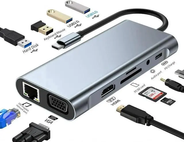 Main image of 11 in 1 USB C Docking Station Multiport Hub with 4K HDMI, VGA, Gigabit RJ45 Ethernet, USB3.0, 3×USB2.0, 100W PD Charging, 3.5mm Audio Jack, Compatible with MacBook Laptops HDD Xbox Printer Keyboard Mo