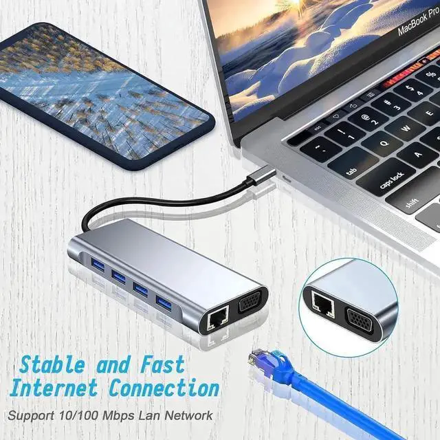 Alt view image 5 of 7 - 11 in 1 USB C Docking Station Multiport Hub with 4K HDMI, VGA, Gigabit RJ45 Ethernet, USB3.0, 3×USB2.0, 100W PD Charging, 3.5mm Audio Jack, Compatible with MacBook Laptops HDD Xbox Printer Keyboard Mo