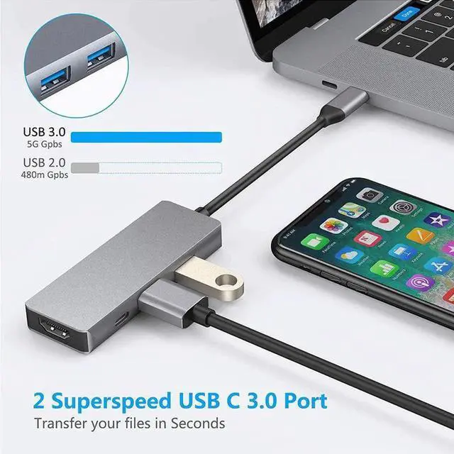 Alt view image 5 of 5 - 4 in 1 USB C Multiport Docking Station, Type-C Hub with 4K HDMI Output, 100W PD Power Delivery, Dual USB 3.0 Data Ports, PVC Shell Portable Adapter Compatible with MacBook Laptops and Tablets