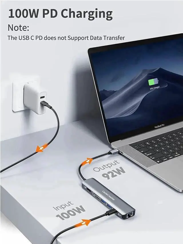 Alt view image 3 of 7 - CableCreation 7 in 1 USB C Multiport Hub Adapter, 4K 60Hz HDMI Output, Gigabit Ethernet, Dual USB 3.0, 100W PD Charging, SD TF Card Reader, Compatible with MacBook Pro Air iPad Pro Dell XPS Laptops