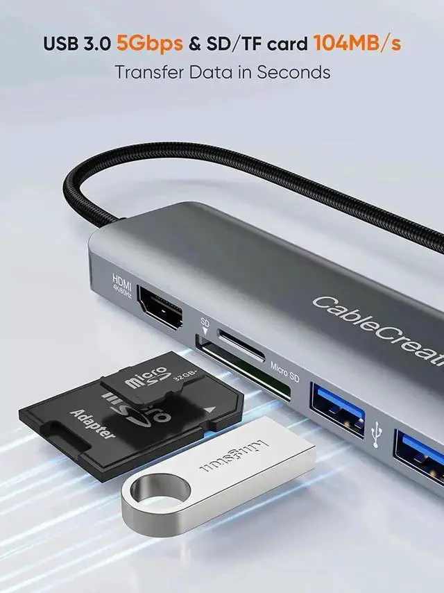 Alt view image 4 of 7 - CableCreation 7 in 1 USB C Multiport Hub Adapter, 4K 60Hz HDMI Output, Gigabit Ethernet, Dual USB 3.0, 100W PD Charging, SD TF Card Reader, Compatible with MacBook Pro Air iPad Pro Dell XPS Laptops