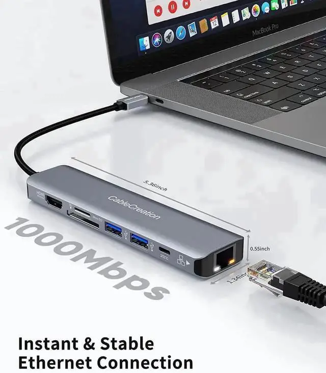 Alt view image 6 of 7 - CableCreation 7 in 1 USB C Multiport Hub Adapter, 4K 60Hz HDMI Output, Gigabit Ethernet, Dual USB 3.0, 100W PD Charging, SD TF Card Reader, Compatible with MacBook Pro Air iPad Pro Dell XPS Laptops