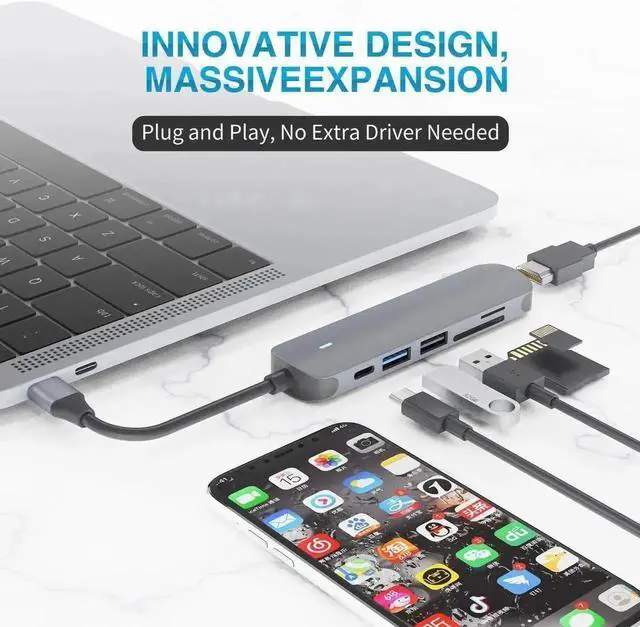 Alt view image 5 of 7 - 6 in 1 USB C Multiport Hub Docking Station with 4K HDMI Output, 87W PD Charging, USB3.0, USB2.0, SD TF Card Reader, Portable Type-C Expander Compatible with Surface Pro XPS MacBook Pro Air All Type-C