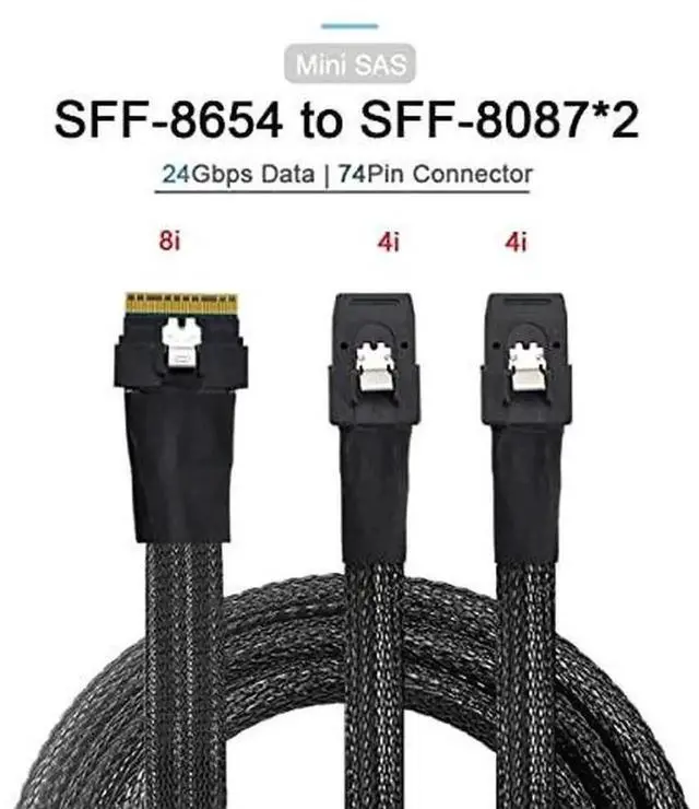Alt view image 3 of 4 - PCI-E 4.0 Ultraport Slimline SAS SFF-8654 8i 74Pin to Dual SFF-8087 Mini SAS Breakout Cable, 24Gbps High Speed Internal Server Interconnection Cord for RAID Controller Storage Backplane Workstation