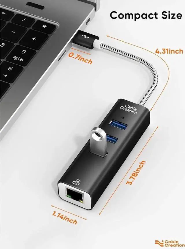 Alt view image 3 of 7 - CableCreation 3-Port USB 3.0 Hub with Gigabit Ethernet Adapter, USB to RJ45 10/100/1000Mbps Network Converter, Aluminum Black Shell Multiport Expander for MacBook Pro Windows Laptop USB Flash Drives P