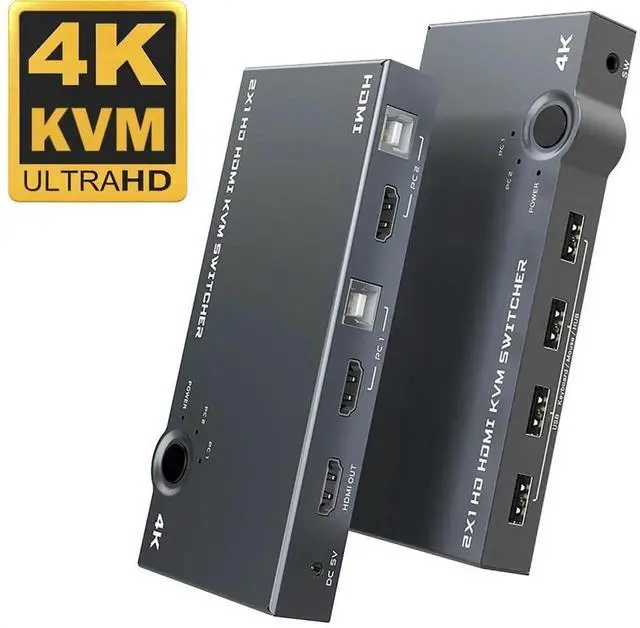 Main image of 2 Port HDMI KVM Switch 4K 60Hz USB 2.0, 2 Computers Share One Monitor Keyboard Mouse Set, Compatible with Wired & Wireless Keyboards Mice for Office Desktop Work