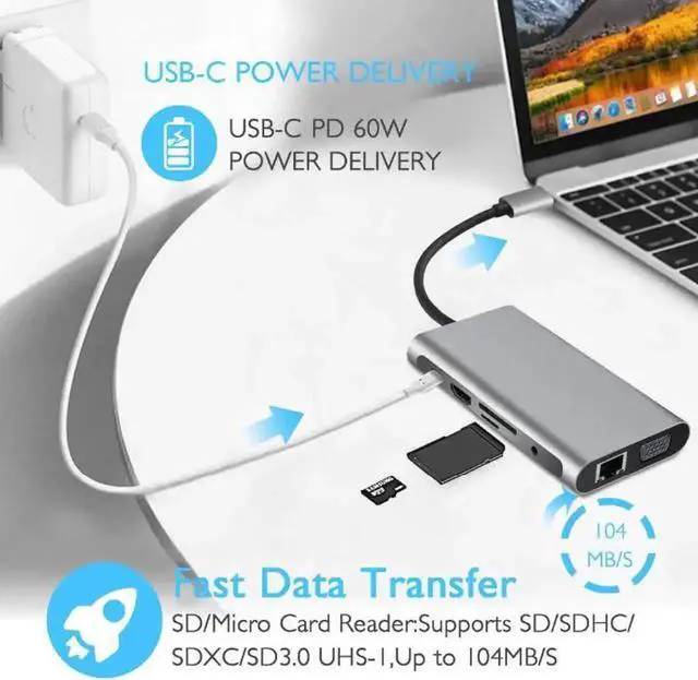 Alt view image 2 of 7 - 10 in 1 Upgraded USB C Multiport Hub Docking Station, with Gigabit Ethernet, 4K HDMI, VGA, 100W PD Charging, SD TF Card Reader, 3 USB Ports & 3.5mm Audio Jack for MacBook and USB-C Laptops