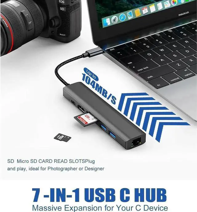 Alt view image 3 of 7 - 7 in 1 Aluminum USB C Multiport Hub with Gigabit Ethernet, 4K HDMI, Dual USB3.0, SD TF Card Reader and 100W PD Charging Port, Portable Expander for Laptop iMac PC USB Flash Drives