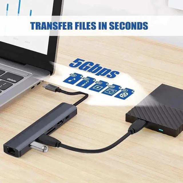 Alt view image 2 of 7 - 7 in 1 Aluminum USB C Multiport Hub with Gigabit Ethernet, 4K HDMI, Dual USB3.0, SD TF Card Reader and 100W PD Charging Port, Portable Expander for Laptop iMac PC USB Flash Drives