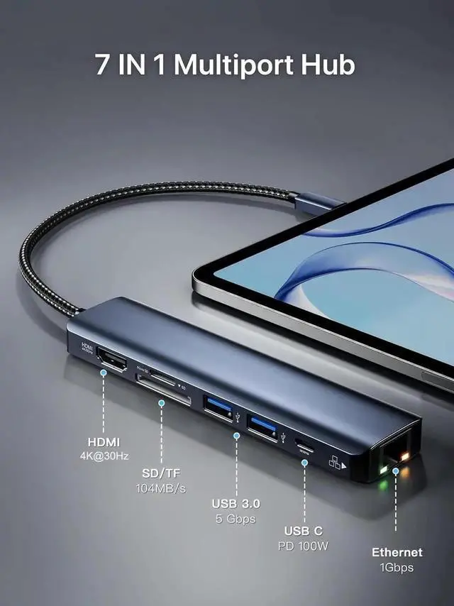 Alt view image 6 of 7 - 7 in 1 Aluminum USB C Multiport Hub with Gigabit Ethernet, 4K HDMI, Dual USB3.0, SD TF Card Reader and 100W PD Charging Port, Portable Expander for Laptop iMac PC USB Flash Drives
