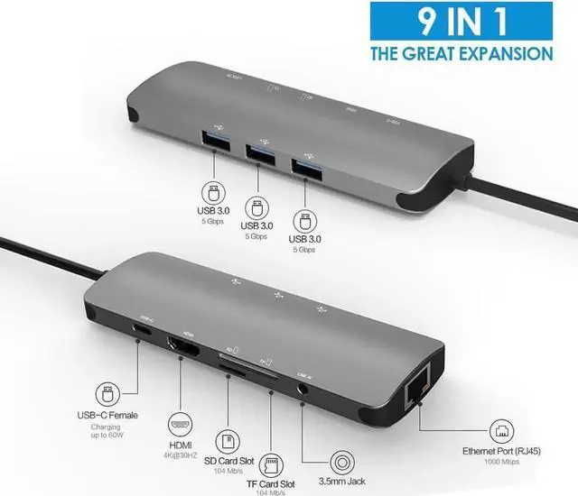 Alt view image 3 of 7 - 9 in 1 USB C Multiport Docking Hub with 4K HDMI, Gigabit Ethernet, 3 USB3.0, PD Charging, 3.5mm Audio Mic Jack, SD TF Card Reader for MacBook Pro and All USB-C Laptops