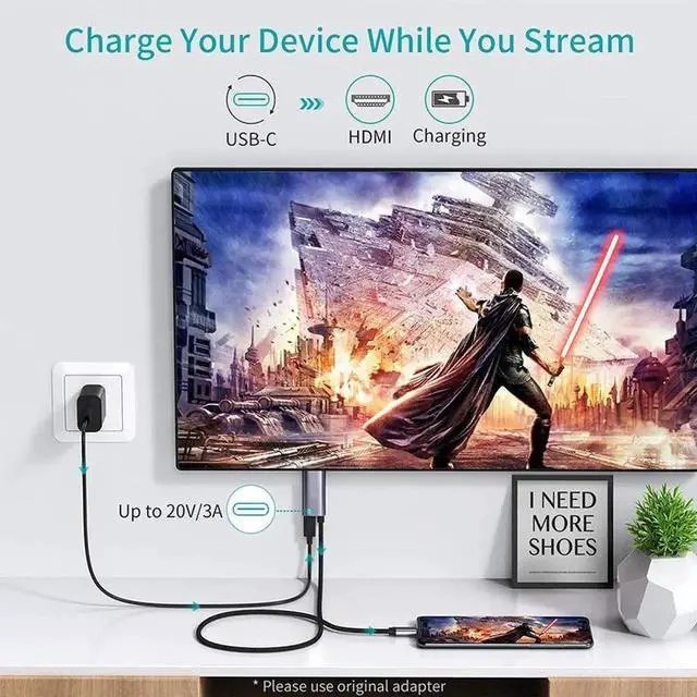 Alt view image 2 of 4 - USB-C to HDMI Cable with PD Power Delivery, 4K@60Hz High Speed Screen Mirroring Cord, Portable Video Converter Compatible with Switch 2, Laptops and USB-C Smart Phones