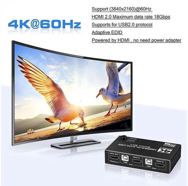 Alt view image 6 of 7 - 2 Port HDMI 2.0b KVM Switch 4K@60Hz HDCP2.2, 2 PCs Share Single Monitor with 3 USB2.0 Hub, One Button Switcher Compatible with Wired & Wireless Keyboard Mouse for Home Office Use