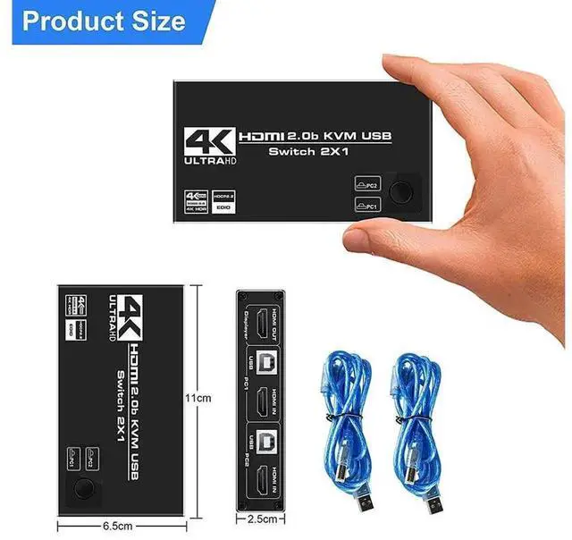 Alt view image 5 of 7 - 2 Port HDMI 2.0b KVM Switch 4K@60Hz HDCP2.2, 2 PCs Share Single Monitor with 3 USB2.0 Hub, One Button Switcher Compatible with Wired & Wireless Keyboard Mouse for Home Office Use
