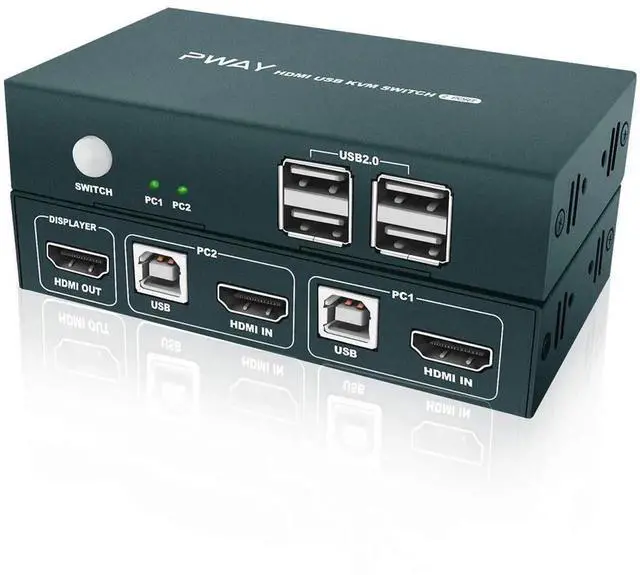 Main image of 2 Port HDMI KVM Switch with 4 USB 2.0 Ports, 4K@30Hz Ultra HD Video Output, Passive No Power Needed, Includes HDMI & USB Cables, Compatible with Wireless Keyboard Mouse, Black