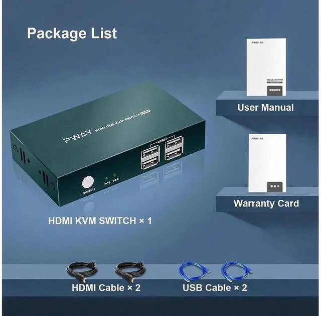 Alt view image 5 of 7 - 2 Port HDMI KVM Switch with 4 USB 2.0 Ports, 4K@30Hz Ultra HD Video Output, Passive No Power Needed, Includes HDMI & USB Cables, Compatible with Wireless Keyboard Mouse, Black