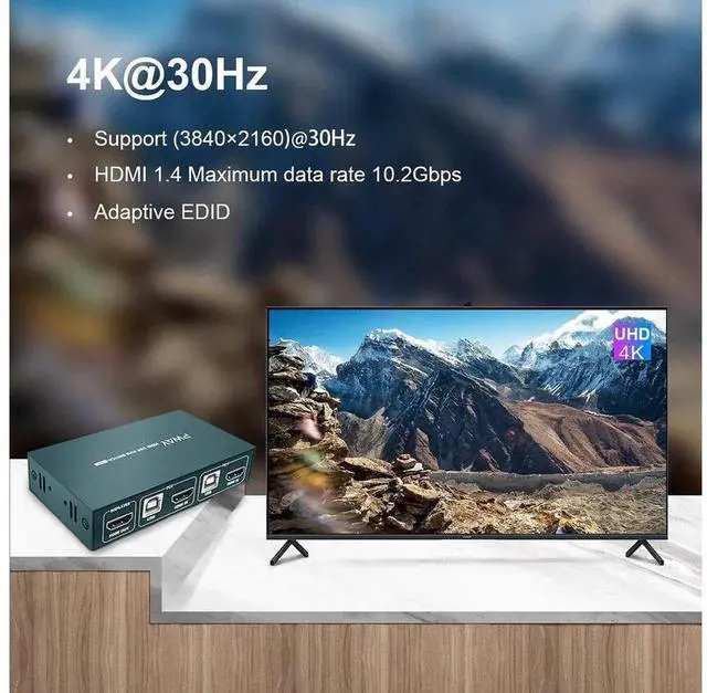 Alt view image 7 of 7 - 2 Port HDMI KVM Switch with 4 USB 2.0 Ports, 4K@30Hz Ultra HD Video Output, Passive No Power Needed, Includes HDMI & USB Cables, Compatible with Wireless Keyboard Mouse, Black