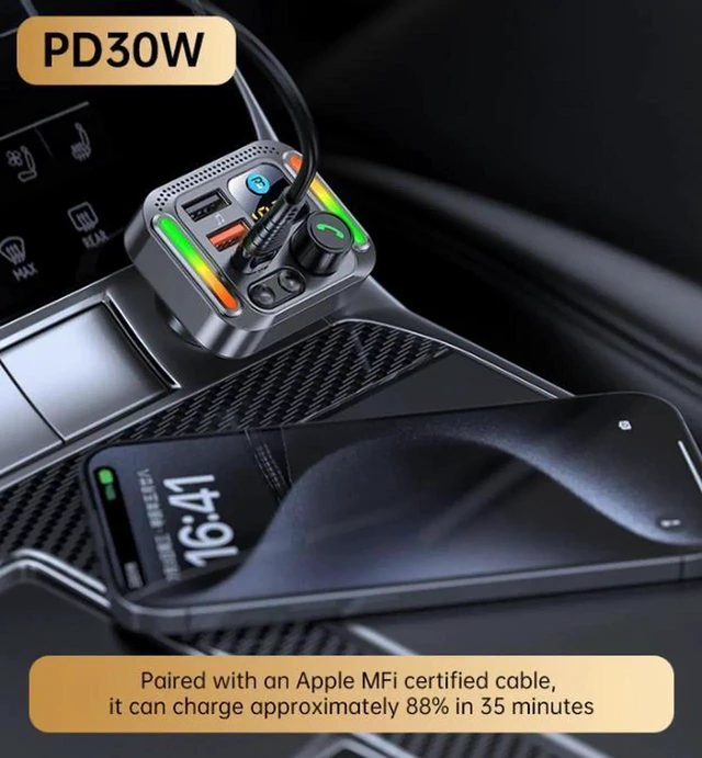 Alt view image 3 of 4 - T32 Car Bluetooth FM Transmitter, 66W PD QC3.0 Fast Car Charger, 2 TypeC 1 USB Port, UDisk Music Player Support MP3 WMA FLAC WAV, HandsFree Call for Car Truck SUV,2040 Working Temperature