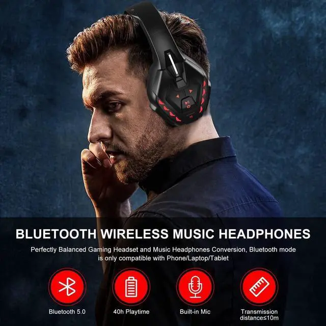 Alt view image 5 of 7 - PHOINIKAS Gaming Headset for Xbox one, PS5, PC, PS4 Headset with 7.1 Stereo Sound, Bluetooth Wireless Headset for Phone, Over Ear Headphones with Noise Cancelling Detachable Mic, Bluetooth Up to 40h
