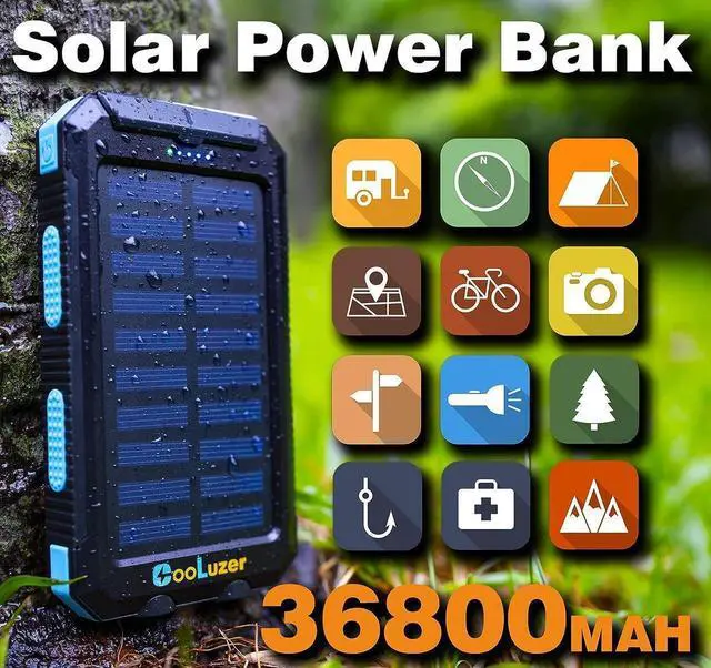 Alt view image 2 of 7 - Solar Power Bank 36800mah, Solar Charger Power Bank with 18W PD 5V 3.1A outputs, IP67 Waterproof, Grade A+ Battery with LED Flashlight and Compass, Perfect Camping Gear Accessory for Outdoor (Blue)