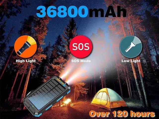 Alt view image 5 of 7 - Solar Power Bank 36800mah, Solar Charger Power Bank with 18W PD 5V 3.1A outputs, IP67 Waterproof, Grade A+ Battery with LED Flashlight and Compass, Perfect Camping Gear Accessory for Outdoor (Blue)