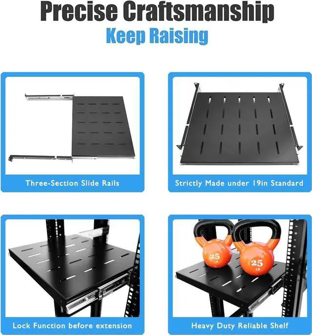 Alt view image 4 of 6 - Raising Electronics Sliding Rack Server Shelf 1U 19'' 4 Post Rack Mount-Adjustable 15''-22''