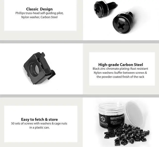 Alt view image 4 of 7 - RIVECO Rack Screws & Cage Nuts for Server Cabinets & Racks Mounting Network Equipment Clip Nuts 50 Sets M6 x 16mm Black