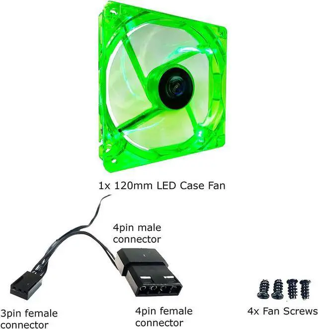 Alt view image 4 of 4 - APEVIA CF12SL-UGN 120mm 4pin Molex + 3pin Motherboard Silent Green LED Case Fan