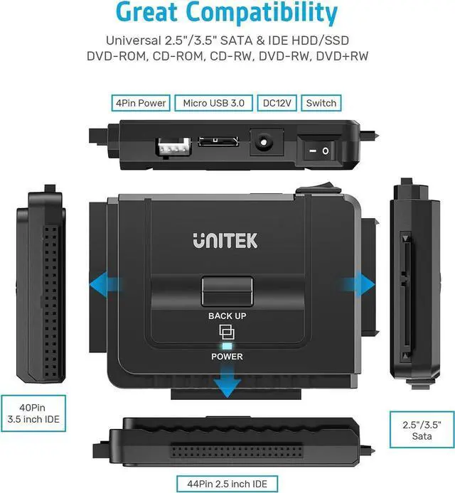 Alt view image 3 of 6 - Unitek USB 3.0 to IDE and SATA Converter External Hard Drive Adapter Kit for Universal 2.5/3.5 HDD/SSD Hard Drive Disk, One Touch Backup Function, Included 12V/2A Power Adapter