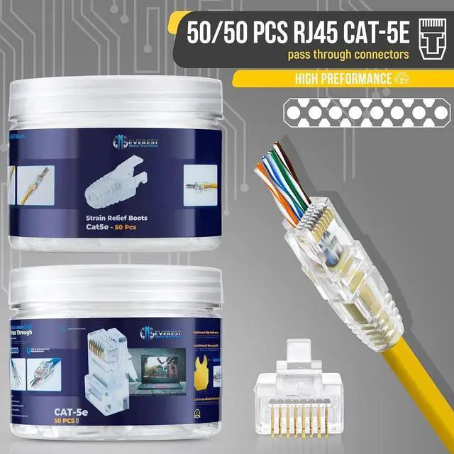 Alt view image 2 of 7 - Everest Media Solutions RJ45 Cat5e Pass Through Connectors and Strain Relief Boots - Pack of 50/50 | EZ to Crimp Modular Plug for Solid or Stranded UTP Network Cable