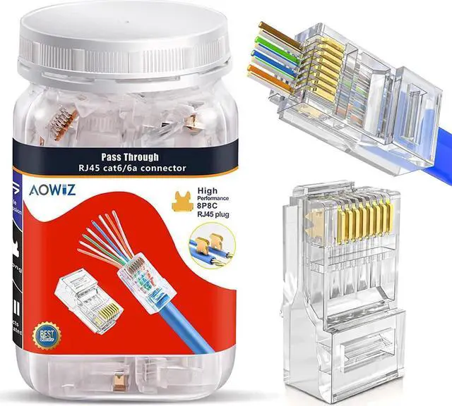 Main image of RJ45 Cat6 Cat6a Connector Pass Through 23AWG 100-PACK Gold Plated 8P8C Ethernet Ends for Unshielded Twisted Pair Solid Wire & Standard Cables