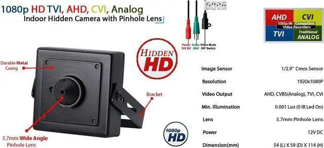 Alt view image 3 of 7 - Evertech 1080p HD 4in1 AHD TVI CVI, Analog Indoor Mini Hidden Camera with Wide Angle Pinhole Lens