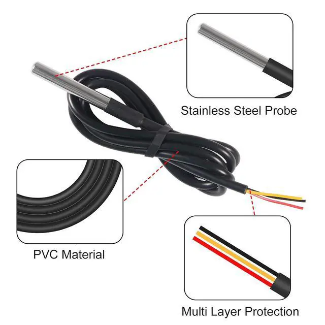 Alt view image 4 of 5 - anicorn 10Pack DS18B20 Temperature Sensors Kit 1m/39.3" Cable Waterproof with Stainless Steel Probe for Arduino Raspberry Pi