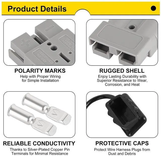 Alt view image 4 of 7 - anicorn 2 Sets 50A Battery Quick Connect/Disconnect Connector 8AWG with 1.3FT Cables Wire Harness Plug Connector Kit for Winch Trailer Towing Systems Gray