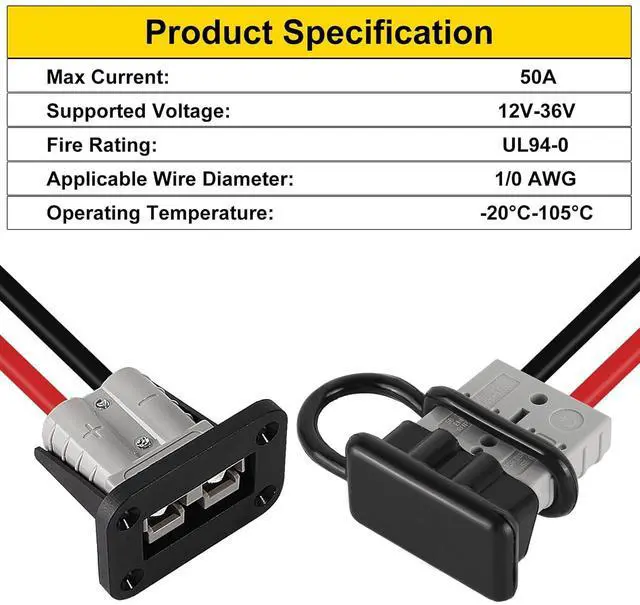Alt view image 3 of 7 - anicorn 2 Sets 50A Battery Quick Connect/Disconnect Connector 8AWG with 1.3FT Cables Wire Harness Plug Connector Kit for Winch Trailer Towing Systems Gray
