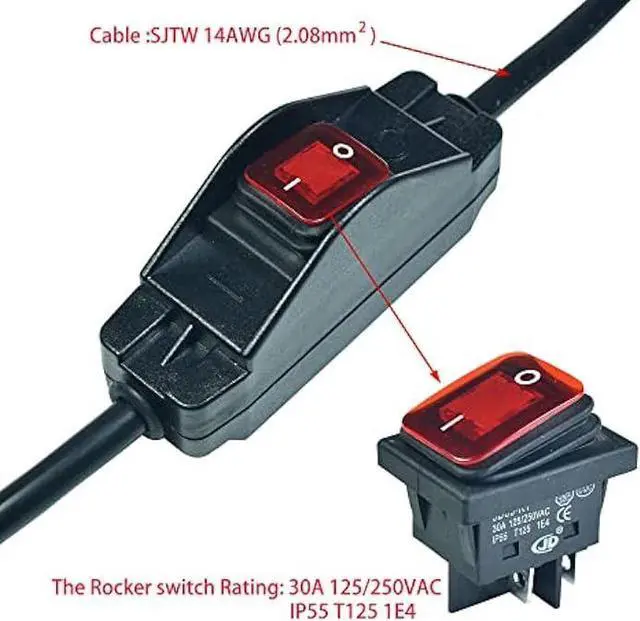 Alt view image 4 of 4 - Black 3 Prong Extension Cord with Waterproof Switch14AWG Heavy Duty Short Extension Cord with RED LED On Off Switch