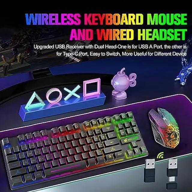 Alt view image 2 of 4 - Wireless Gaming Keyboard and Mouse Combo with 87 Key Rainbow LED Backlight Rechargeable 3800mAh Battery Mechanical Feel Anti-ghosting Ergonomic Waterproof RGB Mute Mice for Computer PC Gamer (Black)