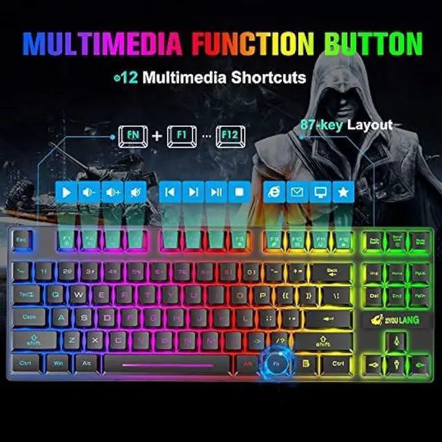 Alt view image 4 of 4 - Wireless Gaming Keyboard and Mouse Combo with 87 Key Rainbow LED Backlight Rechargeable 3800mAh Battery Mechanical Feel Anti-ghosting Ergonomic Waterproof RGB Mute Mice for Computer PC Gamer (Black)